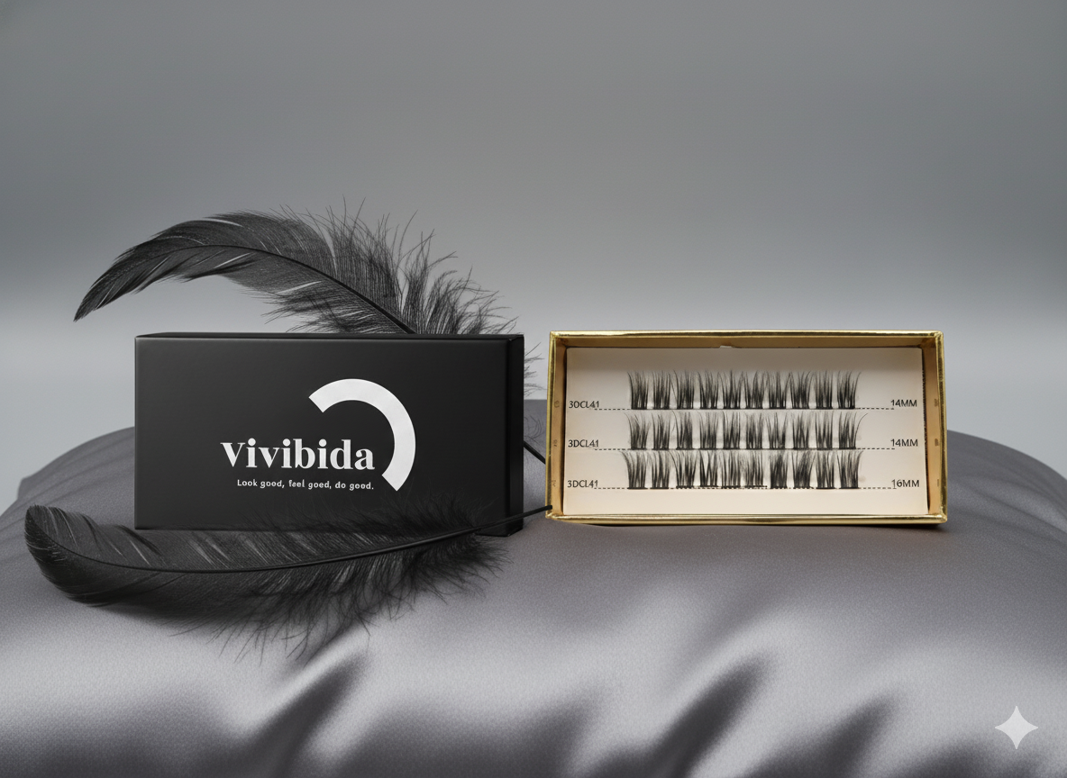 Vivibida product packaging with false eyelashes on a gray surface
