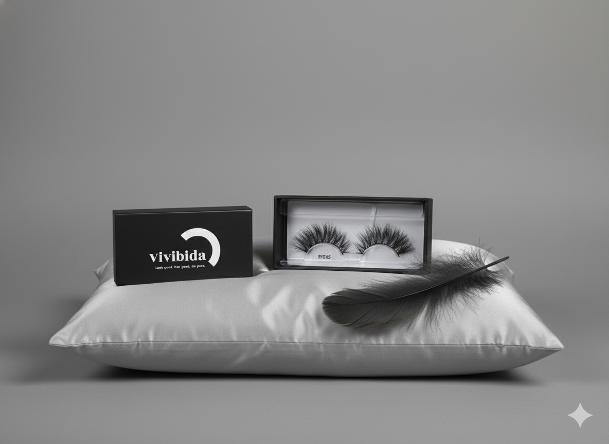 Eyelash packaging with Vivibida logo on a white pillow against a gray background