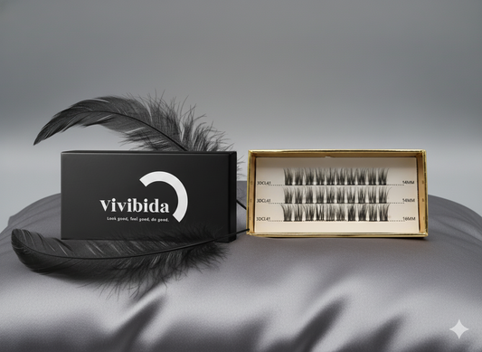 Vivibida product packaging with false eyelashes on a gray surface
