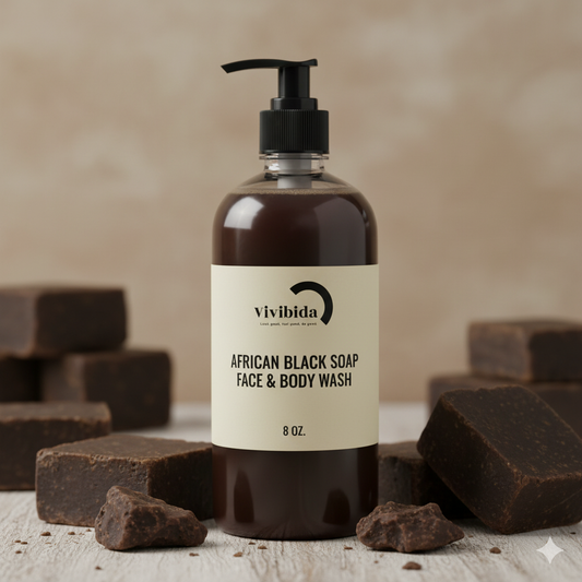 Vivibida African Black Soap Face & Body Wash bottle with soap bars in the background