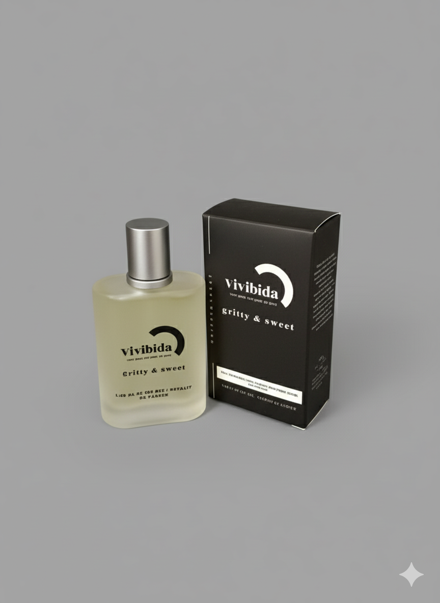 Perfume bottle and packaging with 'vivibida' branding on a gray background