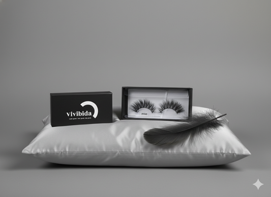 Eyelash packaging with Vivibida logo on a white pillow against a gray background